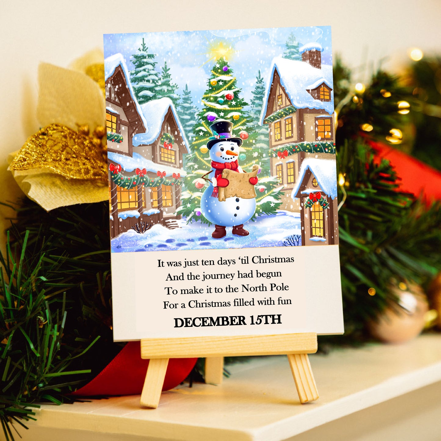 Snowman's 10-Day Magical Countdown: A Festive Journey with Beautifully Illustrated Cards and Wooden Stand